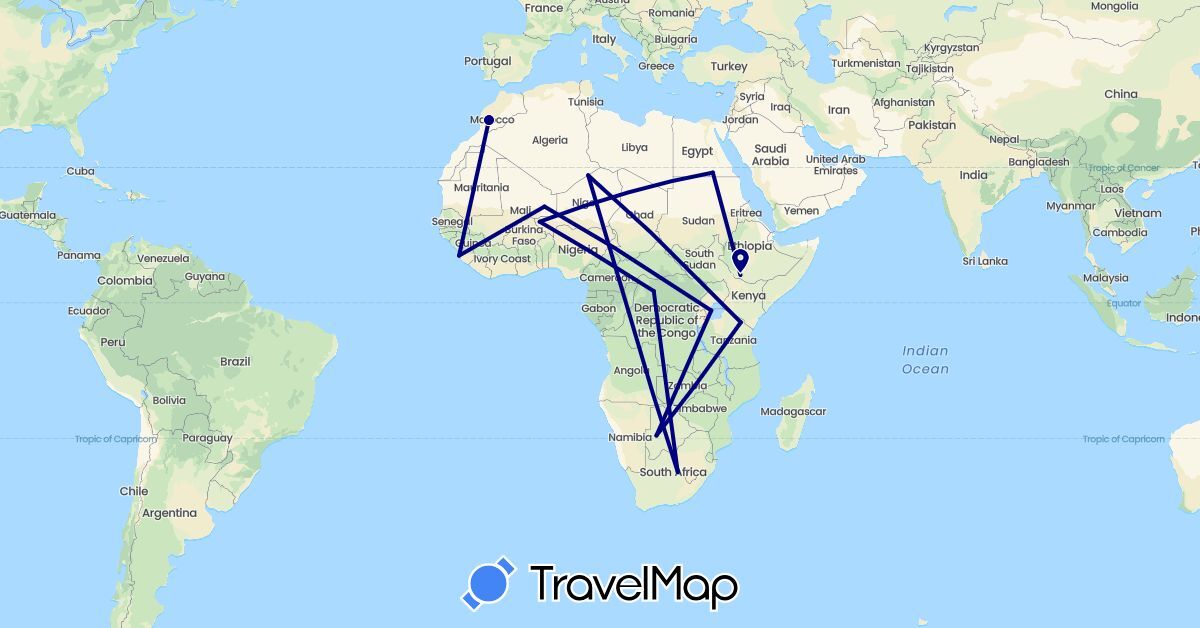 TravelMap itinerary: driving in Botswana, Democratic Republic of the Congo, Algeria, Egypt, Ethiopia, Morocco, Mali, Niger, Sierra Leone, Tanzania, South Africa (Africa)